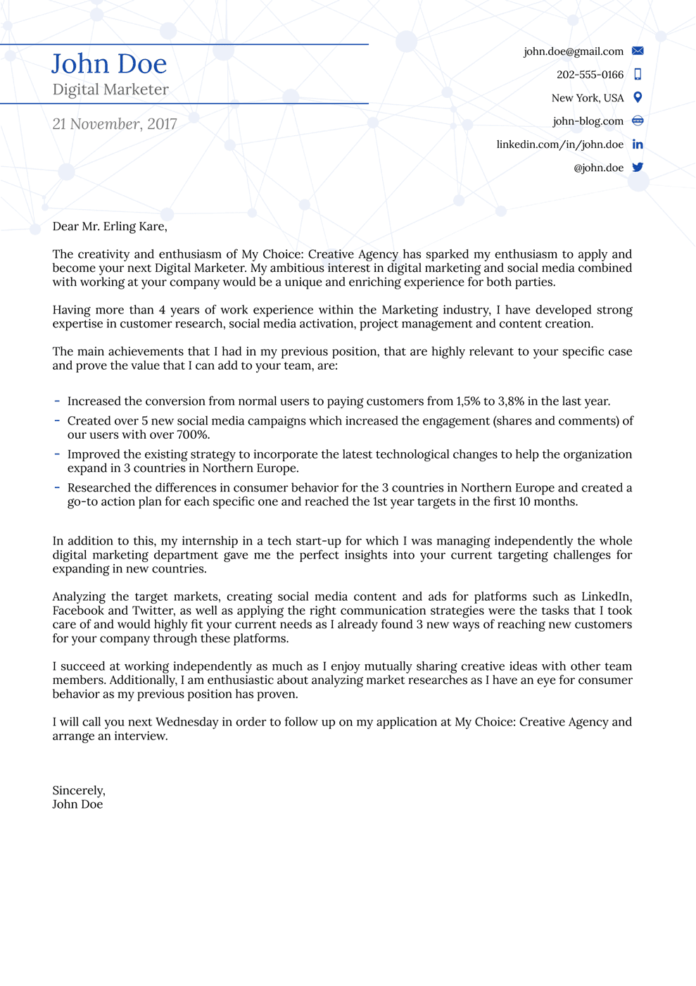 cover letter in english for university
