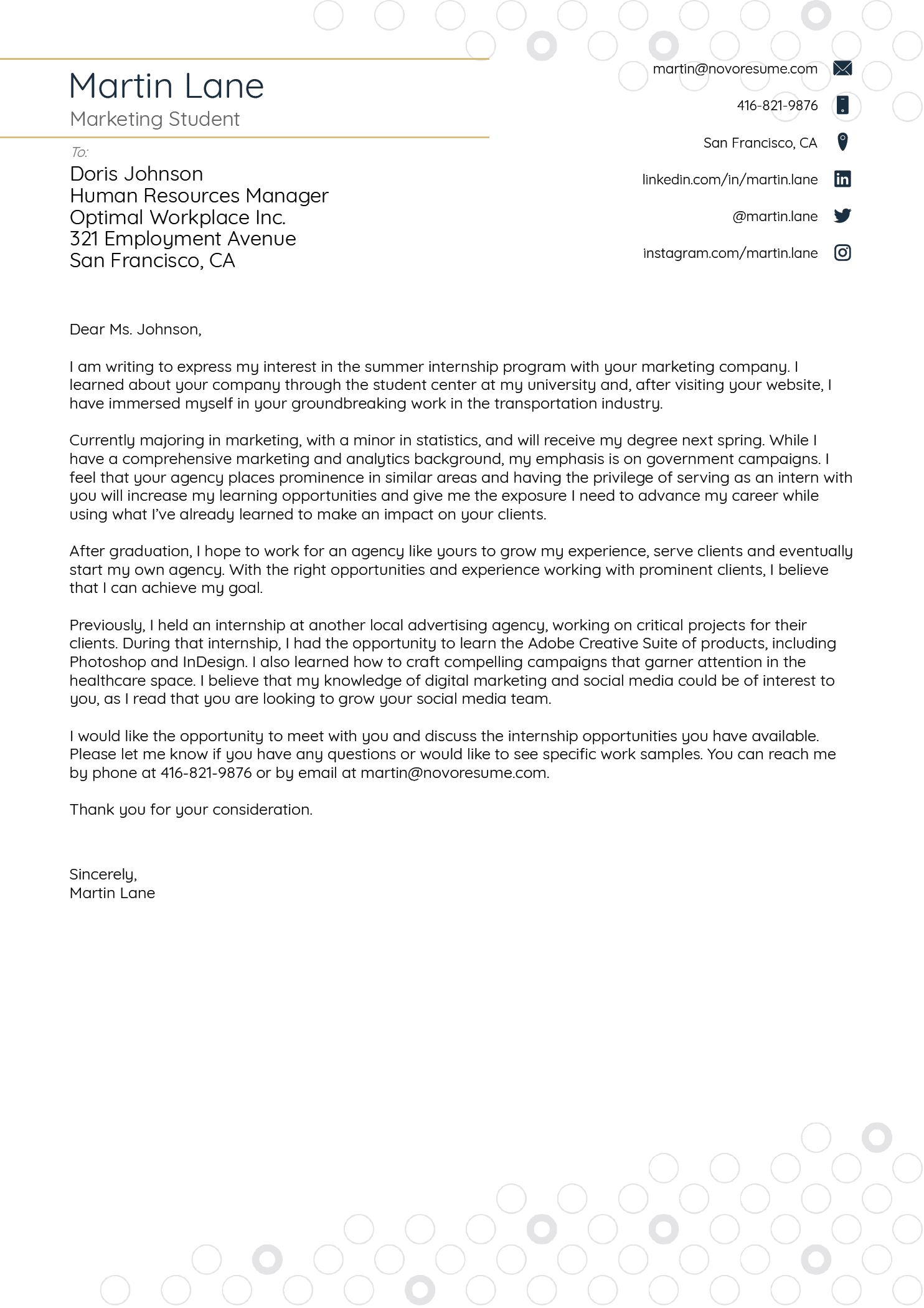 college application cover letter example