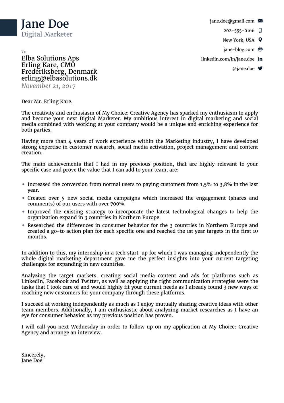 cover letter for a resume examples